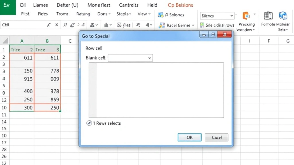 Excel interface with Go To Special dialog box open, demonstrating blank cell selection feature with rows ready for deletion