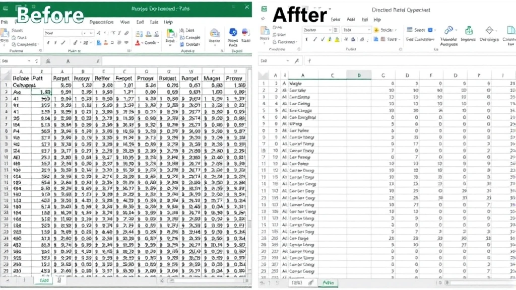 Before and after comparison of Excel spreadsheet, left side showing messy data with blank rows, right side showing cleaned organized spreadsheet