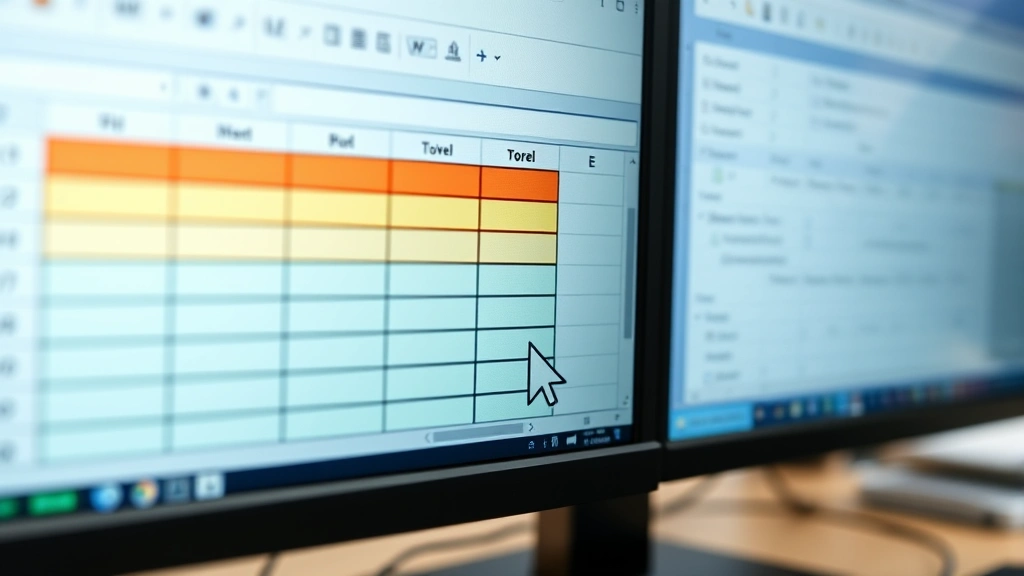 Close-up of computer monitor displaying Excel spreadsheet with highlighted empty rows and cursor positioned over delete button, professional office desk background