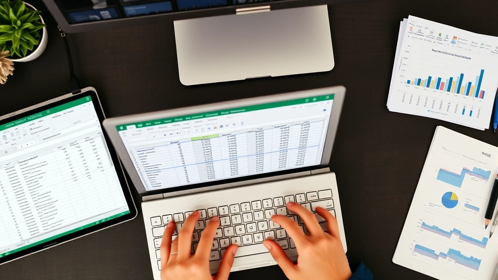 Overhead shot of person's hands on keyboard working with Excel, multiple windows open showing sorting and filtering features with data visualization charts visible