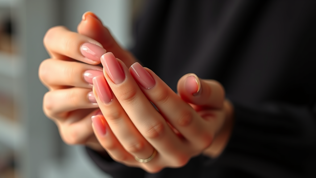 Elegant hands with glossy gel nail polish in soft lighting, manicured nails, beauty salon atmosphere, no text no words no letters