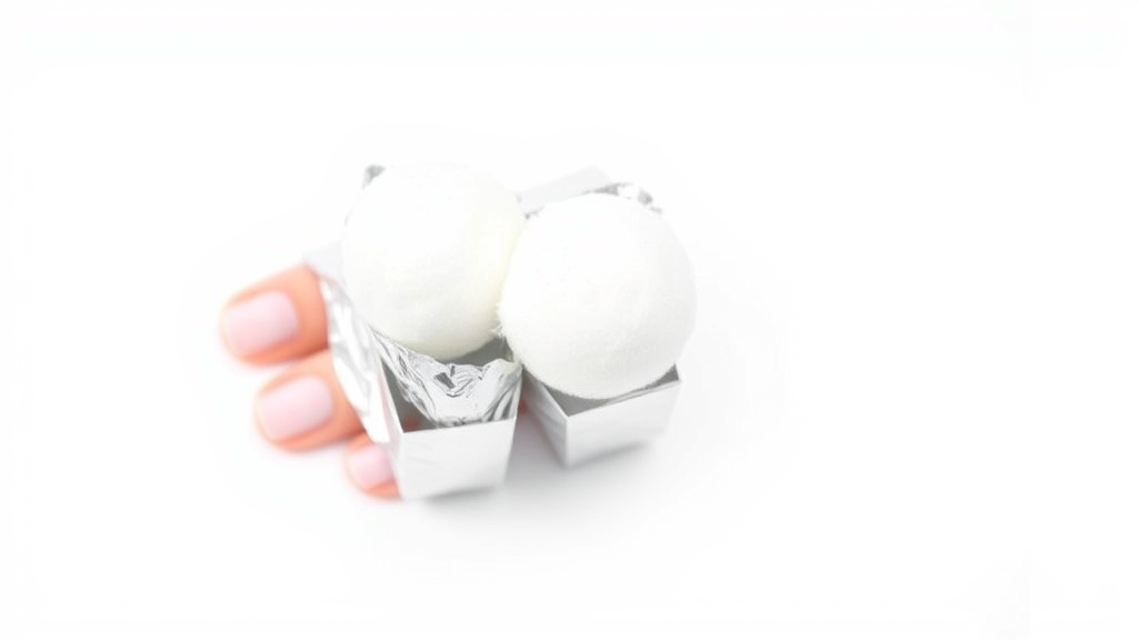 Cotton balls soaked in acetone wrapped around fingertips with aluminum foil, nail removal process, clean white background, no text no words no letters