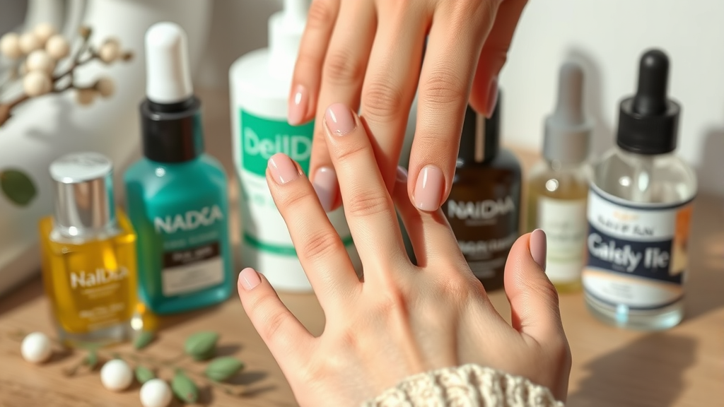 Healthy natural nails after gel polish removal with cuticle oil application, nail care products arranged nearby, soft natural lighting, no text no words no letters