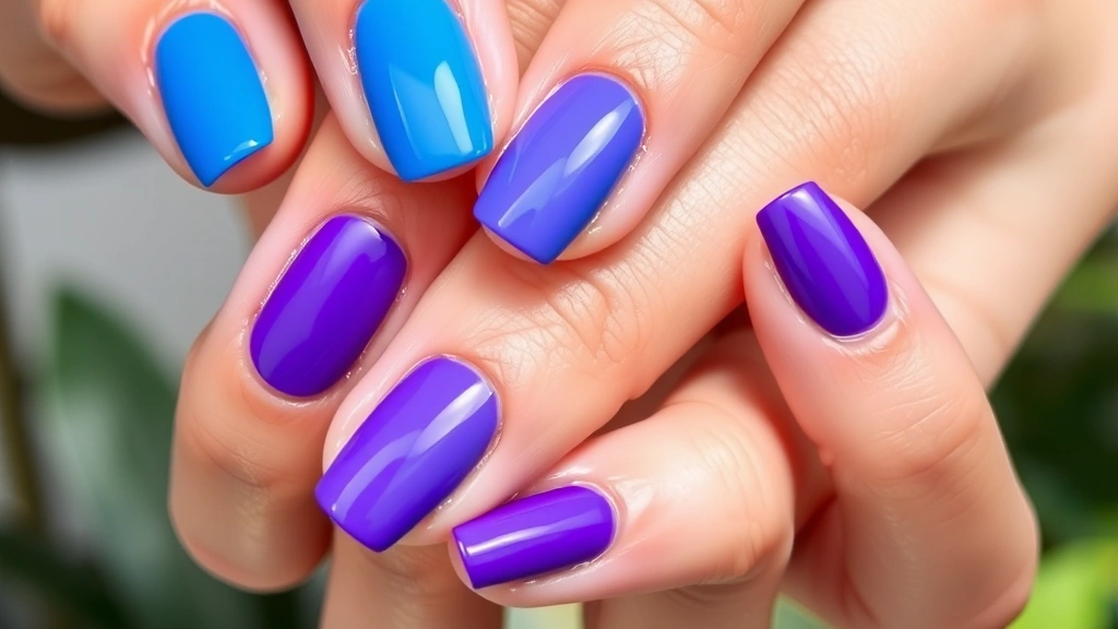 Close-up of hands with vibrant gel nail polish in shades of blue and purple, well-manicured nails with glossy finish, professional salon aesthetic, natural lighting