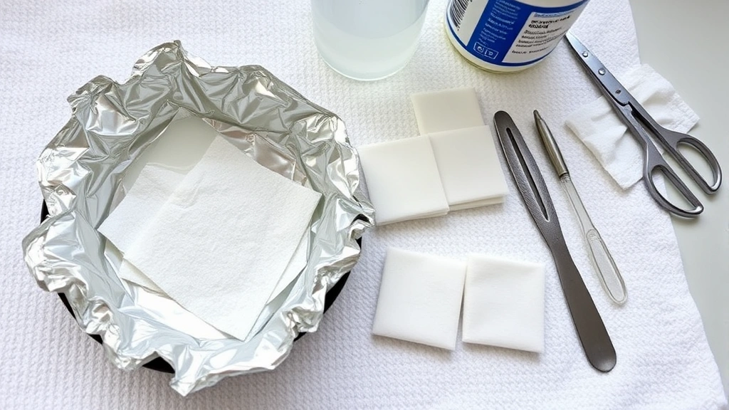 Aluminum foil squares and cotton pads soaked in clear liquid arranged on white towel next to acetone bottle, nail file, and cuticle pusher tools, organized workspace setup