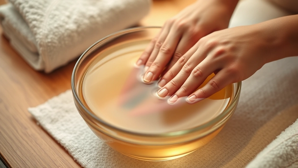 Hands soaking in small clear bowl filled with transparent liquid, nails visible above surface, warm spa-like setting with soft lighting, towel nearby, relaxation theme