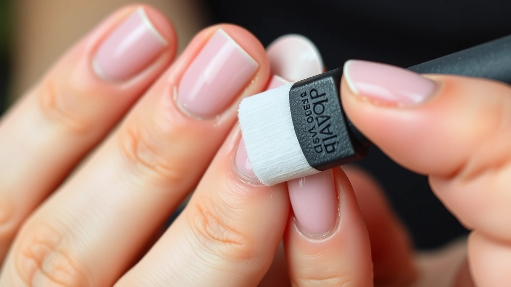 Close-up of hands with gel nail polish being carefully filed with a soft nail buffer, showing the dulled surface texture before acetone treatment
