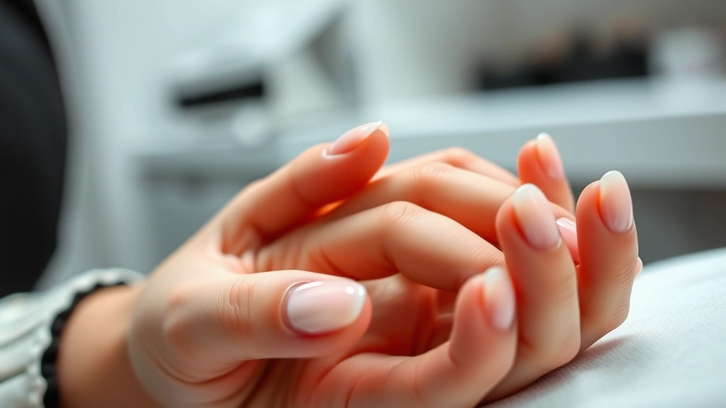 Close-up of hands with glossy gel manicure on nails, professional salon setting with soft lighting, shallow depth of field focusing on nail details