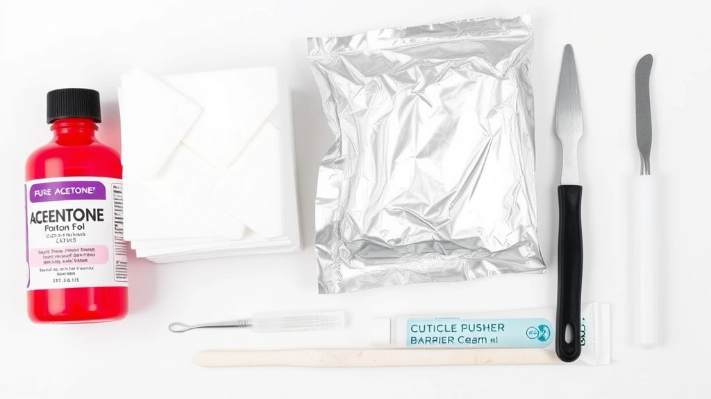 Organized arrangement of gel removal supplies including pure acetone bottle, cotton pads, aluminum foil, nail file, cuticle pusher, and barrier cream on white surface