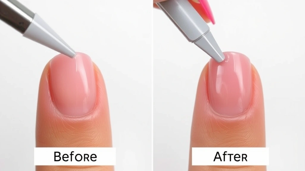 Before and after comparison of nails showing translucent gel polish being gently lifted with a cuticle pusher, revealing clean nail underneath