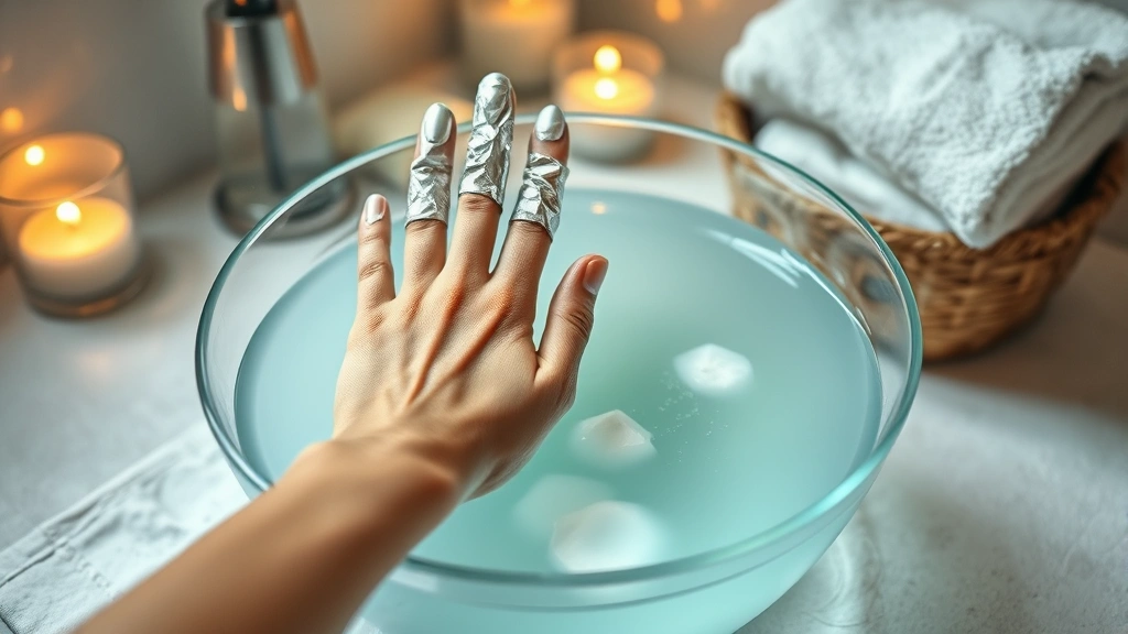 Hands soaking in glass bowl of acetone with foil-wrapped fingers, cotton pads visible, bathroom or home spa environment with warm lighting and towels nearby