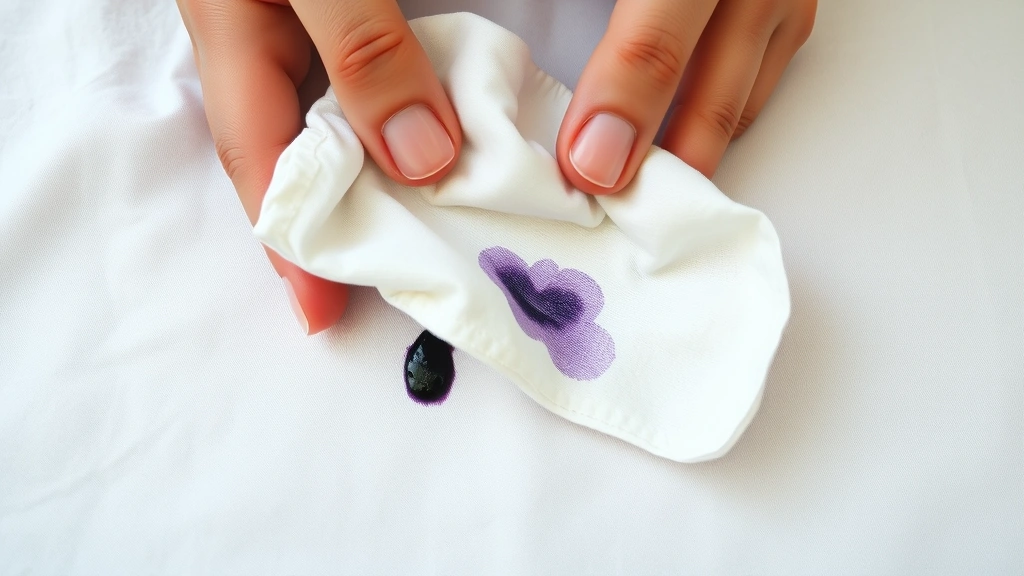 Close-up of hands blotting a fresh ink stain on white cotton fabric with a clean white cloth, demonstrating gentle dabbing technique without rubbing