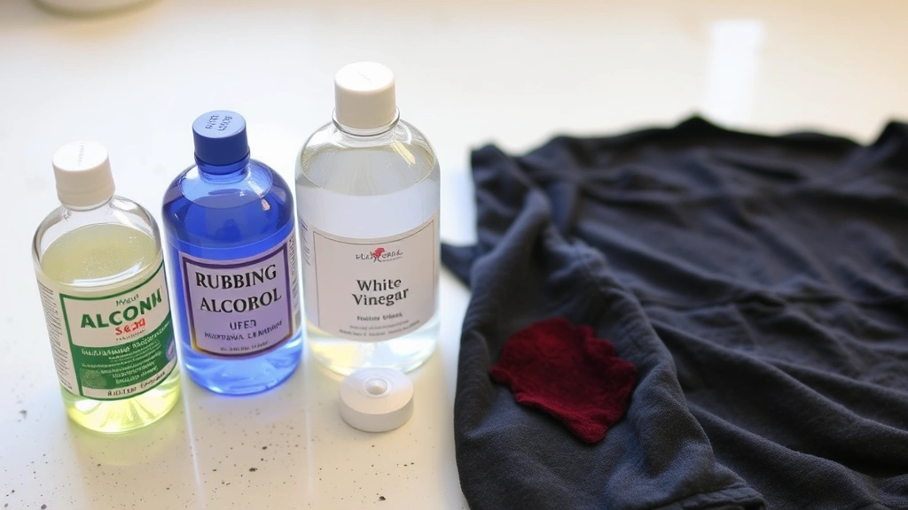 Arranged bottles of rubbing alcohol, white vinegar, and hairspray next to a stained garment on a clean workspace, showing various ink removal treatment solutions
