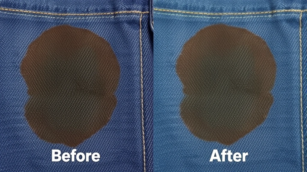 Before and after comparison of a denim garment with a dark ink stain being treated, showing the stain gradually fading through multiple treatment applications