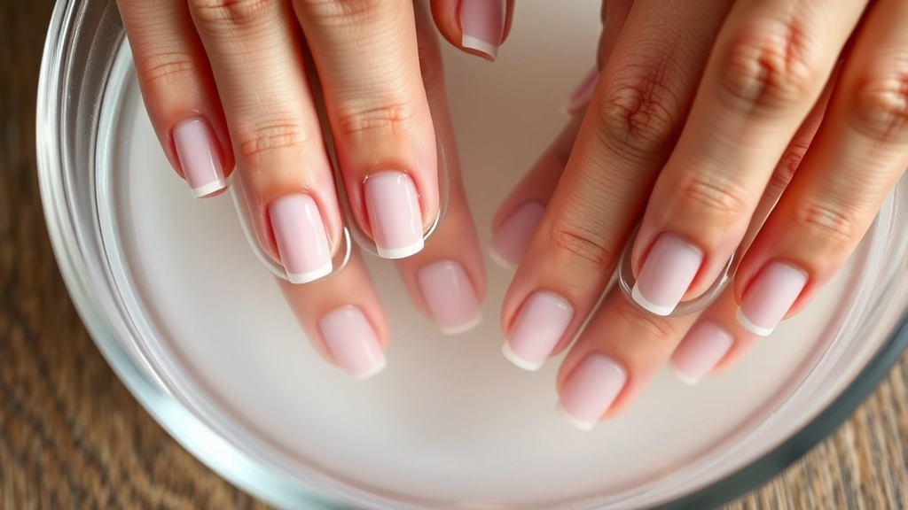 Close-up of hands with artificial nails being carefully soaked in a clear bowl of acetone solution, showing the softening process of adhesive