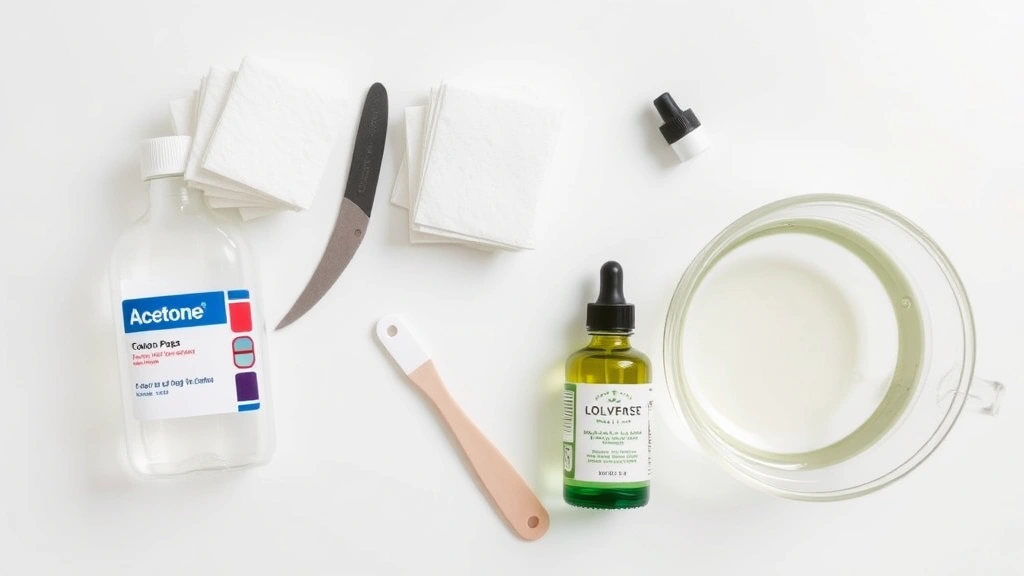 Overhead view of various nail glue removal supplies arranged on a white surface: acetone bottle, cotton pads, nail file, oil bottle, and warm water bowl