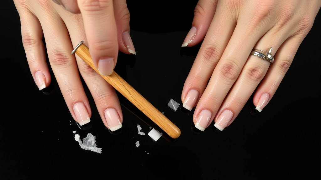 Hands with artificial nails being gently peeled off using a wooden cuticle pusher, showing the separation process with nail glue residue visible