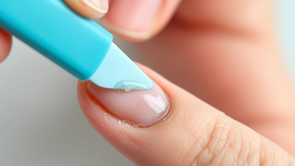 Detailed shot of someone gently using a soft nail file to remove dried nail glue from the surface of a fingernail after acetone treatment
