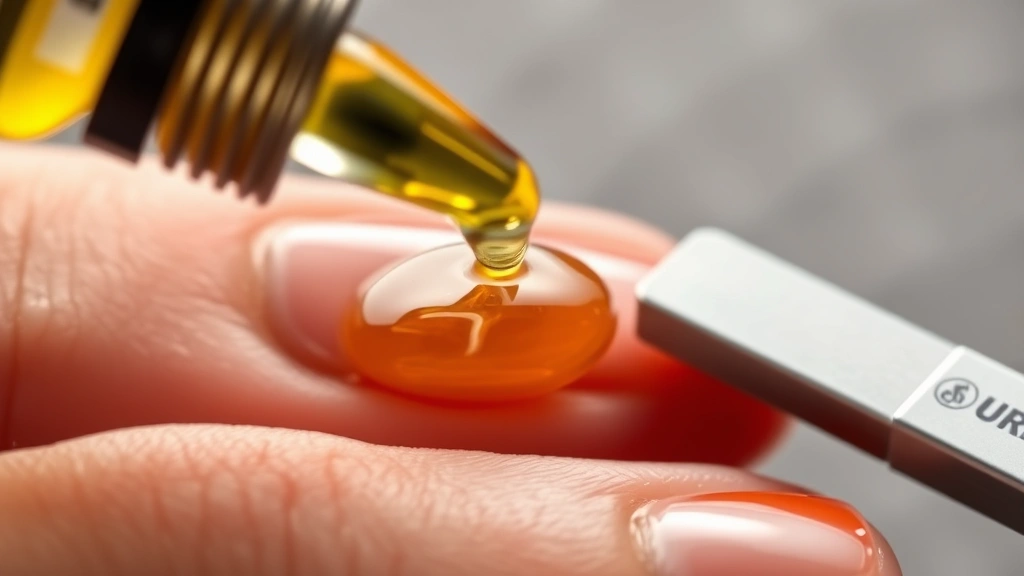 Warm oil being applied to nails with a dropper, showing the glossy coating on natural nails with cuticle area visible and nail file nearby