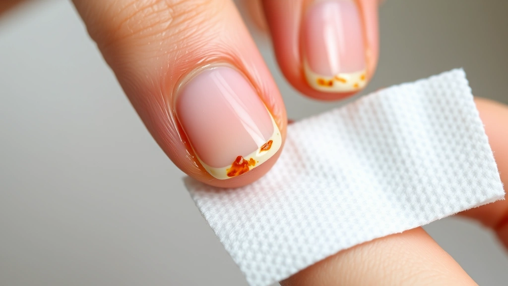 Close-up of hands with acetone-soaked cotton pad being gently applied to finger with dried nail glue residue, showing the softening process in detail