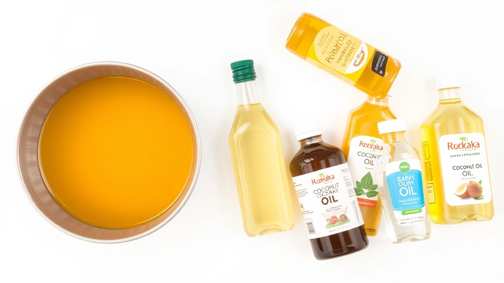Overhead view of a bowl filled with warm water next to various oil bottles including coconut oil, olive oil, and baby oil arranged on a white surface