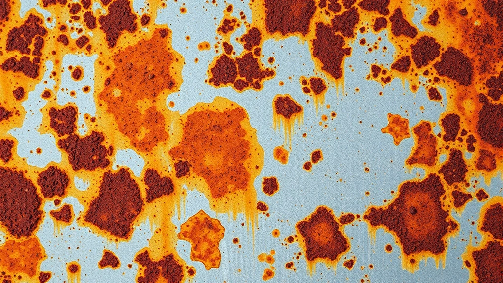 Close-up of rusty metal surface with orange and brown oxidation patterns, weathered texture showing various rust stages