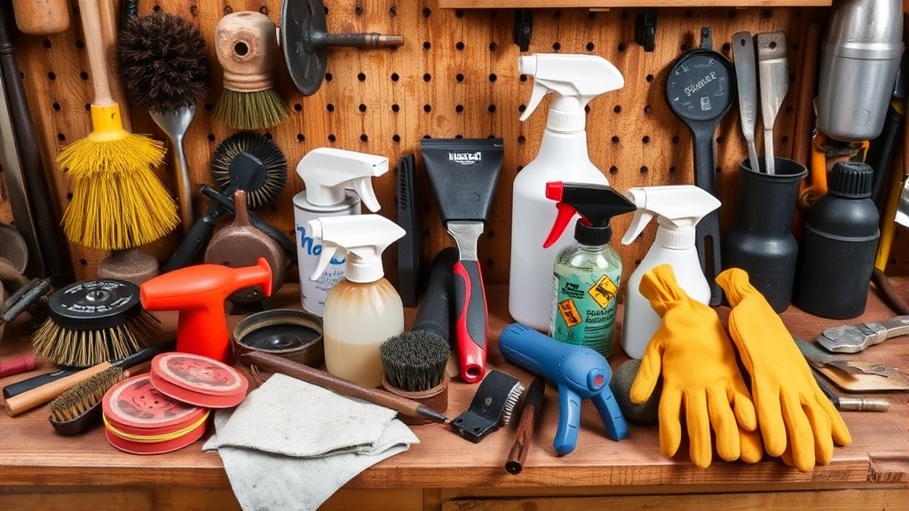 Organized collection of rust removal tools including wire brushes, sandpaper, spray bottles, and protective gloves on wooden workbench
