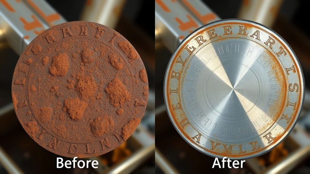Before and after comparison of restored metal tool, showing deep rust transformation to clean, shiny metal surface