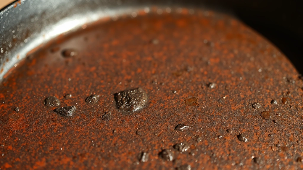 Close-up of rusty cast iron skillet surface showing reddish-brown oxidation and texture, natural lighting highlighting the rust patterns and depth of corrosion