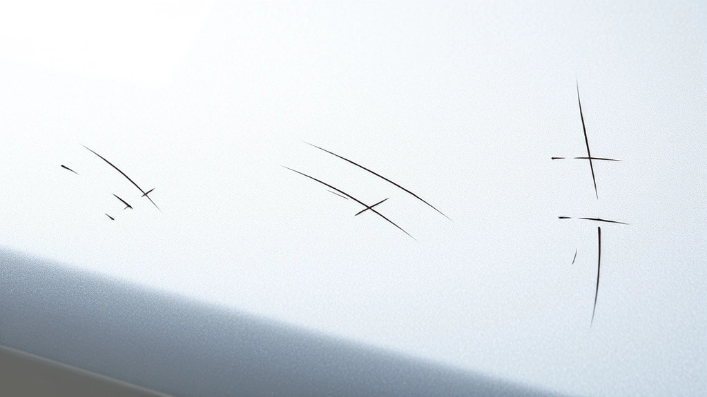 Close-up of car paint surface showing three different scratch depths side by side - light surface scratch, medium paint scratch, and deep primer-exposed scratch for comparison