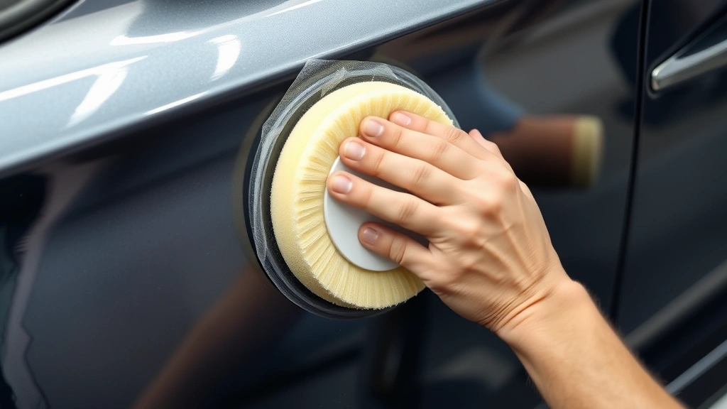Hands applying polishing compound to a car's painted surface using a foam pad in circular motions, with protective masking tape visible around the work area