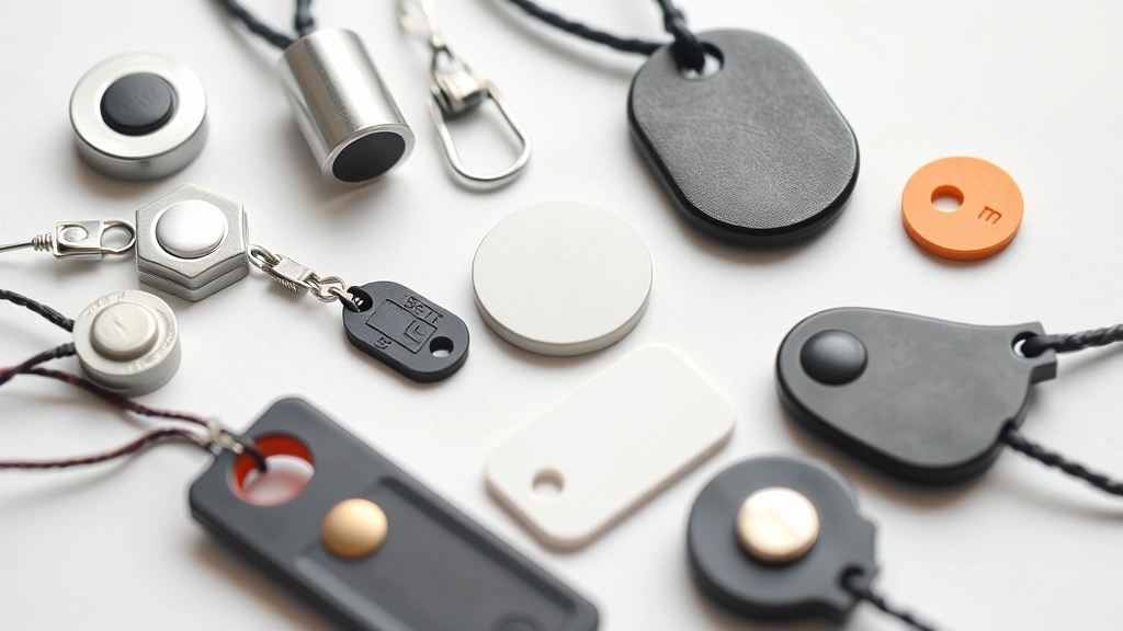 Close-up of various retail security tags including magnetic cylindrical tags, hard plastic clam-shell tags, and gator cable tags arranged on white background with soft lighting