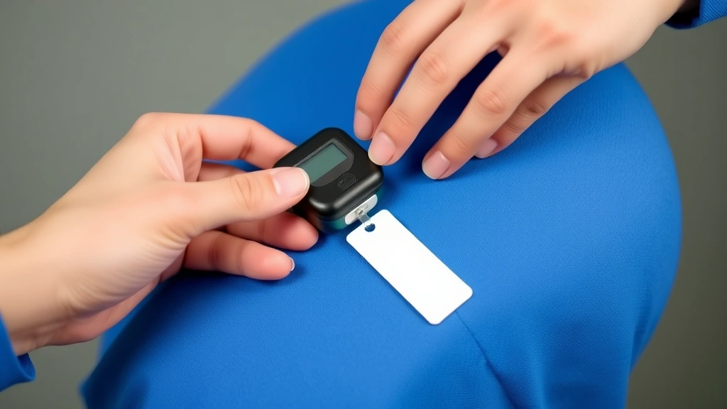 Hands carefully using a magnetic detacher device on a security tag attached to a blue fabric garment, showing proper alignment technique with professional lighting