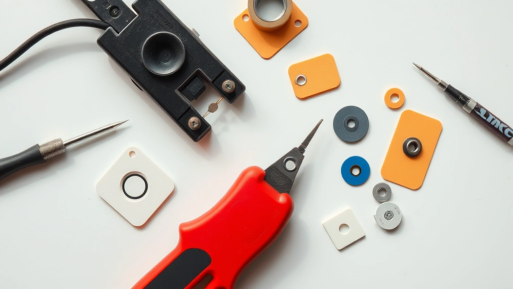 Detailed overhead view of security tag removal tools including magnetic detacher, needle, and various tag types on a clean workspace with natural daylight