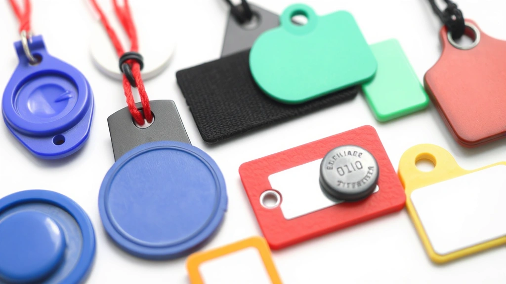 Close-up of different security tag types displayed on white background - hard plastic clam-shell tags, fabric labels, and magnetic tags in various colors and sizes
