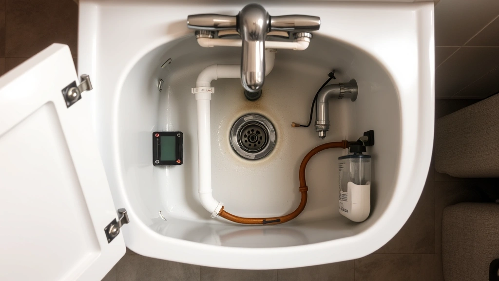Overhead view of an open bathroom sink cabinet with exposed pipes and drain mechanisms, showing the underside of a sink with various plumbing components visible and organized