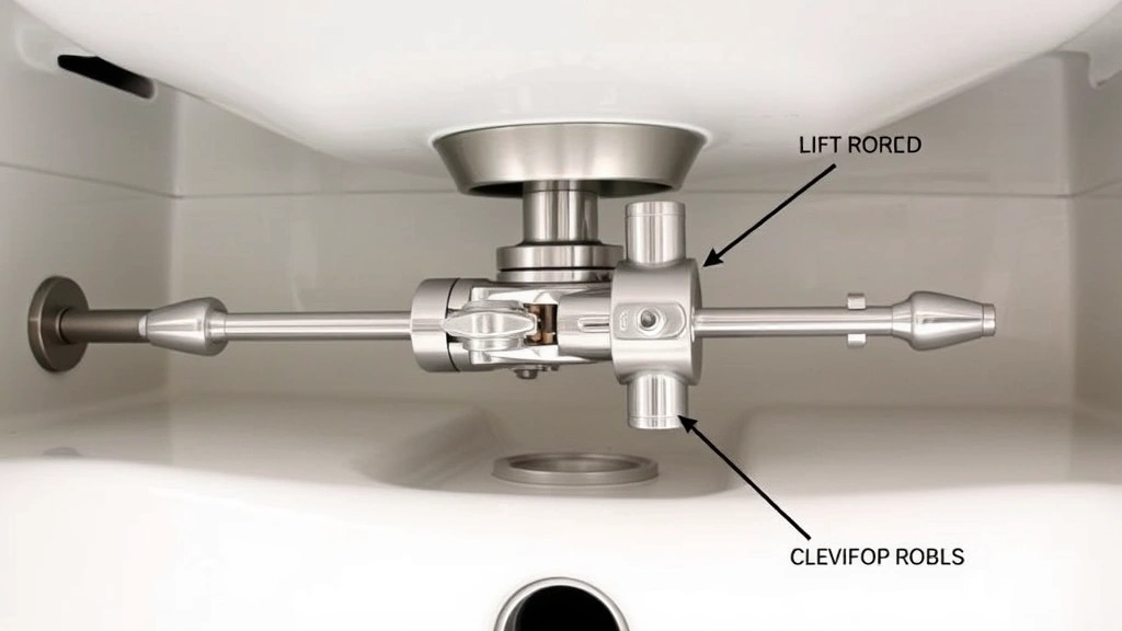 Close-up detail of a chrome pop-up sink stopper mechanism with lift rod and clevis rod assembly, showing how the parts connect together beneath a bathroom vanity
