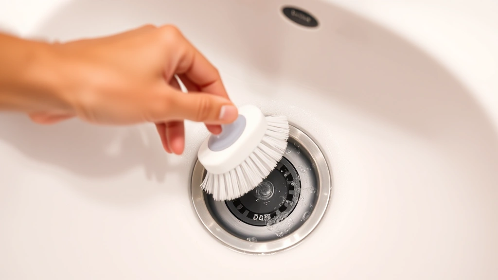 Bathroom sink with water draining, showing a hand holding a cleaning brush scrubbing the inside of the drain opening and stopper area with soap bubbles