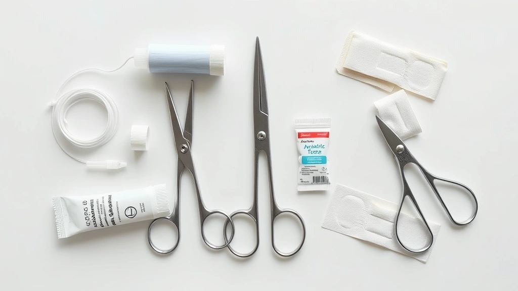 Detailed overhead view of ligation supplies laid out neatly: medical floss, sterilized scissors, antibiotic ointment, and sterile bandages on a clean white surface
