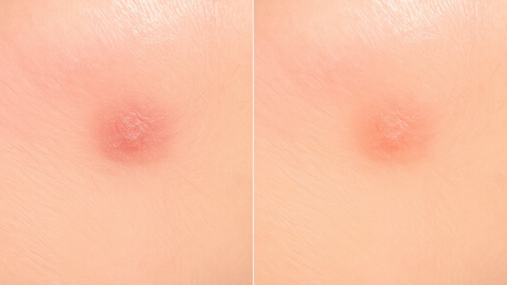 Before and after comparison showing a skin tag area on human skin, with the left side showing the tag clearly visible and the right side showing healed clear skin
