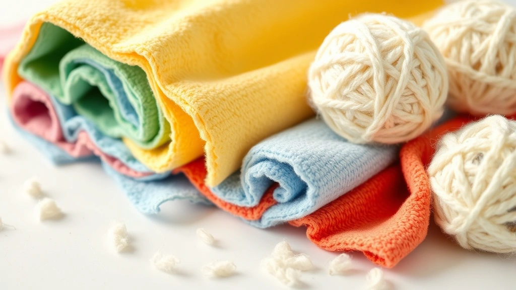 Close-up of colorful dryer sheets and natural wool dryer balls arranged on a white surface with soft lighting, photorealistic style
