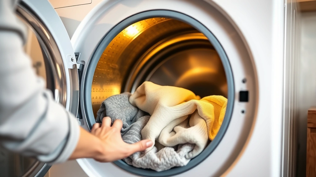 Person removing clothes from an open dryer, hands reaching into drum, warm interior light glowing, photorealistic home laundry scene