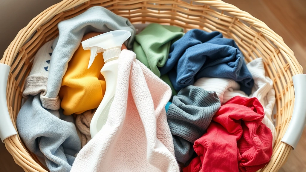 Spray bottle of fabric softener and a dampened washcloth draped over a laundry basket filled with various clothing items, photorealistic product scene