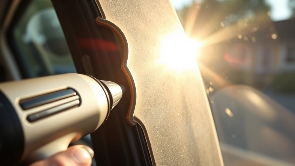 Close-up of a heat gun being held near a car window with window tint beginning to curl at the edges, sunlight reflecting off the glass surface