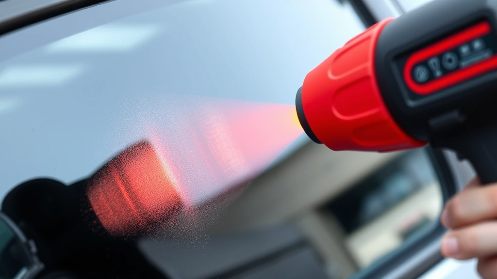 Close-up of a heat gun directed at a car window with tinted film beginning to bubble and lift slightly, showing the warming process in action