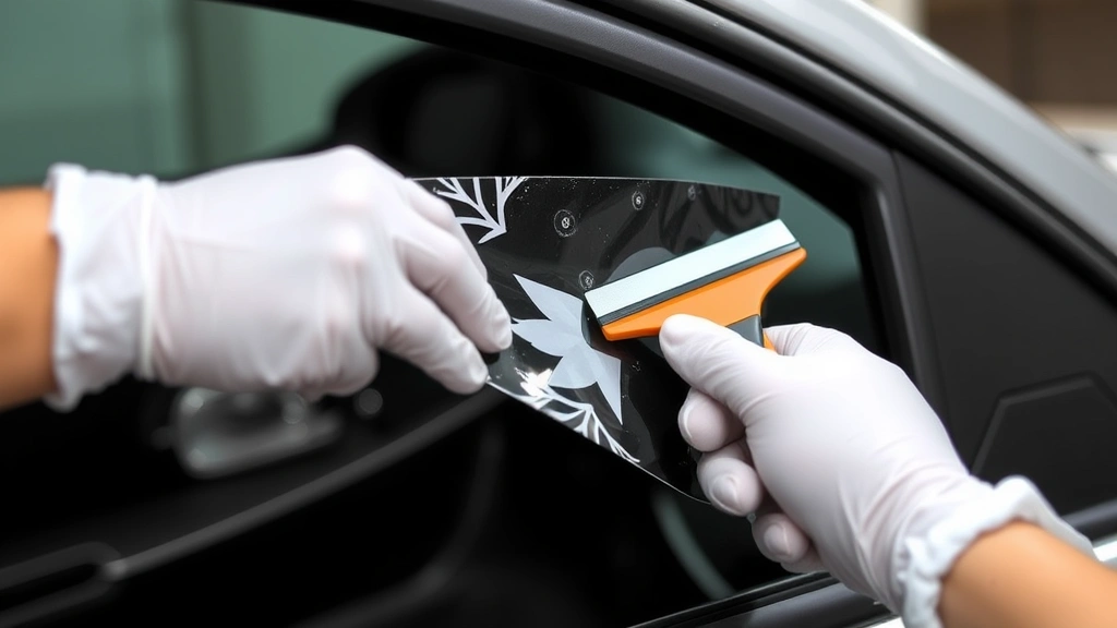 Person wearing rubber gloves using a plastic scraper to carefully peel away window tint film from an automotive window, showing the film lifting away