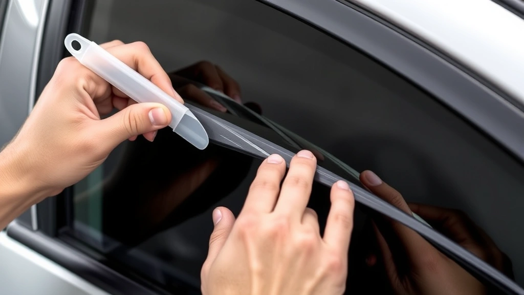 Hands using a plastic scraper tool to carefully peel back layers of window tint film from automotive glass, revealing the adhesive layer underneath