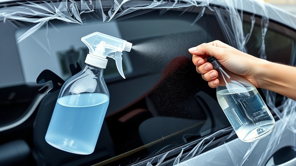 Spray bottle applying ammonia solution to a car window covered with tint film, with plastic wrap covering the window to retain moisture