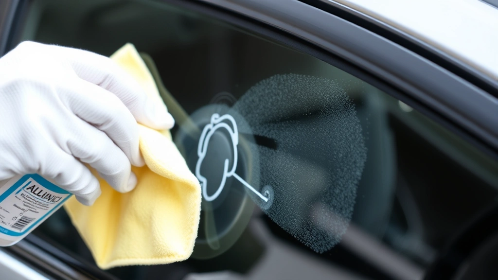 A microfiber cloth applying ammonia solution to a car window with visible adhesive residue remaining after tint removal, demonstrating cleanup technique