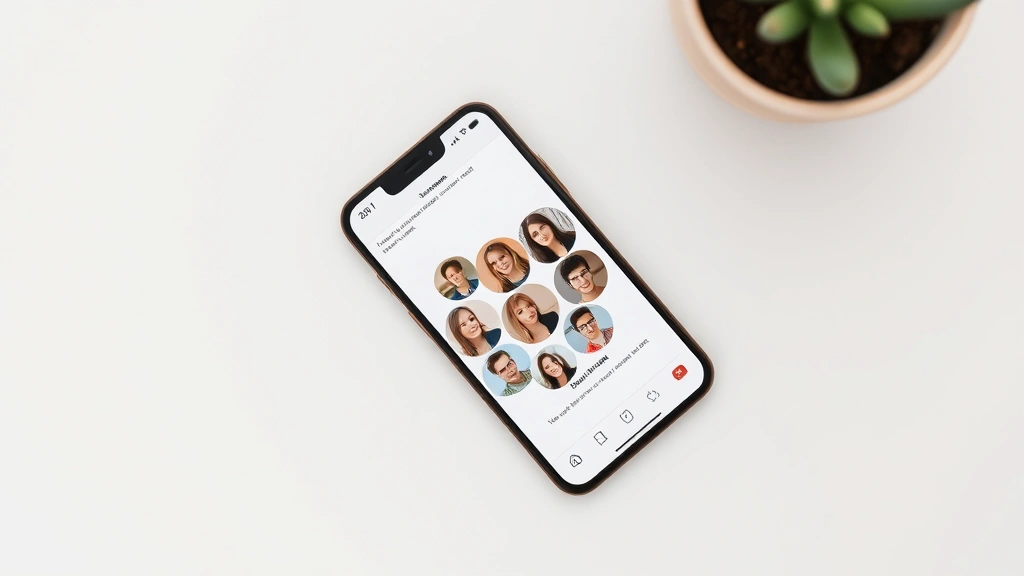 Overhead flat lay of a smartphone displaying a group chat interface with multiple user avatars visible at the top, minimalist aesthetic with neutral colors